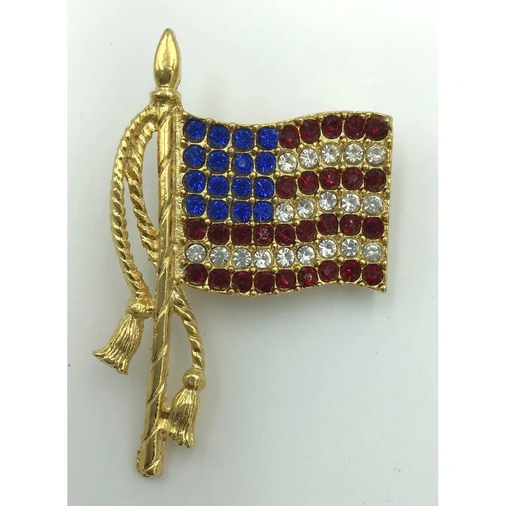 Vtg Gold Tone  American Flag‎ Brooch Rhinestone Patriotic USA July 4th Military